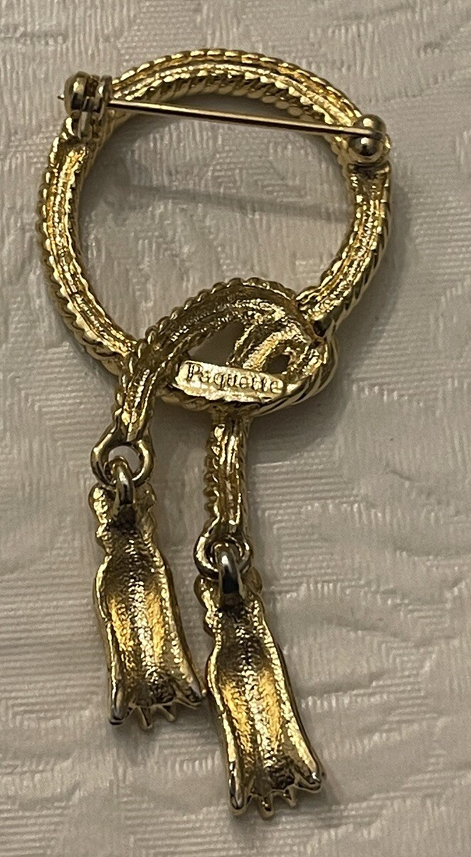 Vintage Brooch Douglas Paquette Nautical Tassels Knotted Rope Pin Gold 2.5”
