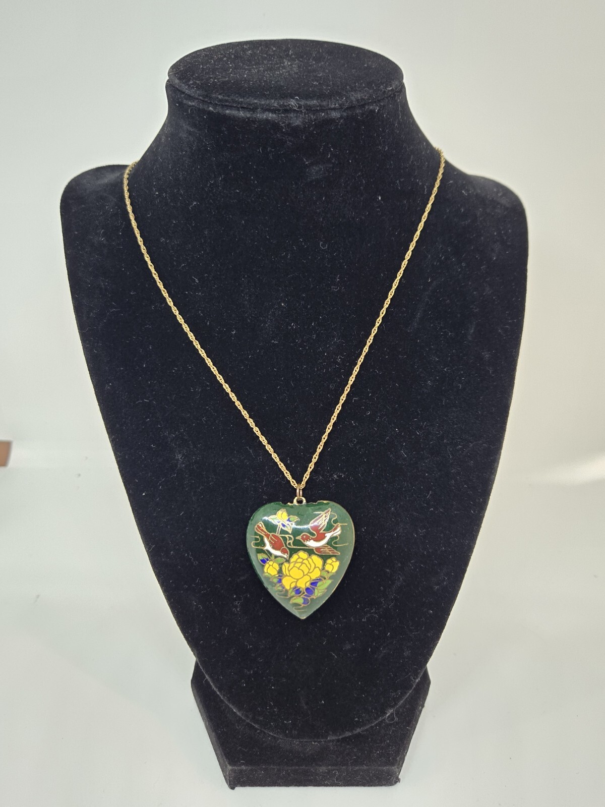 Cloisonne Puff Heart Shaped Floral and Bird Pendant Charm