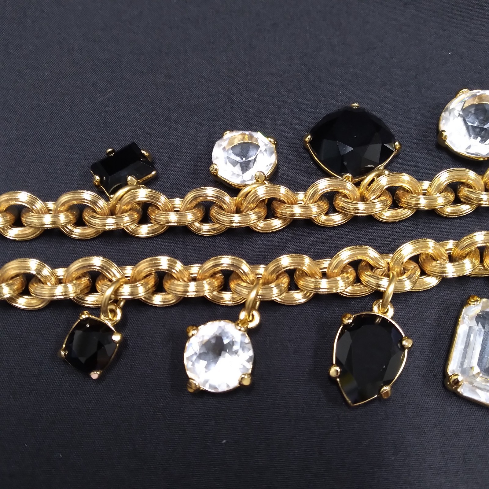 Monet Gold Tone Chunky Necklace with Clear and Black Crystal Charms