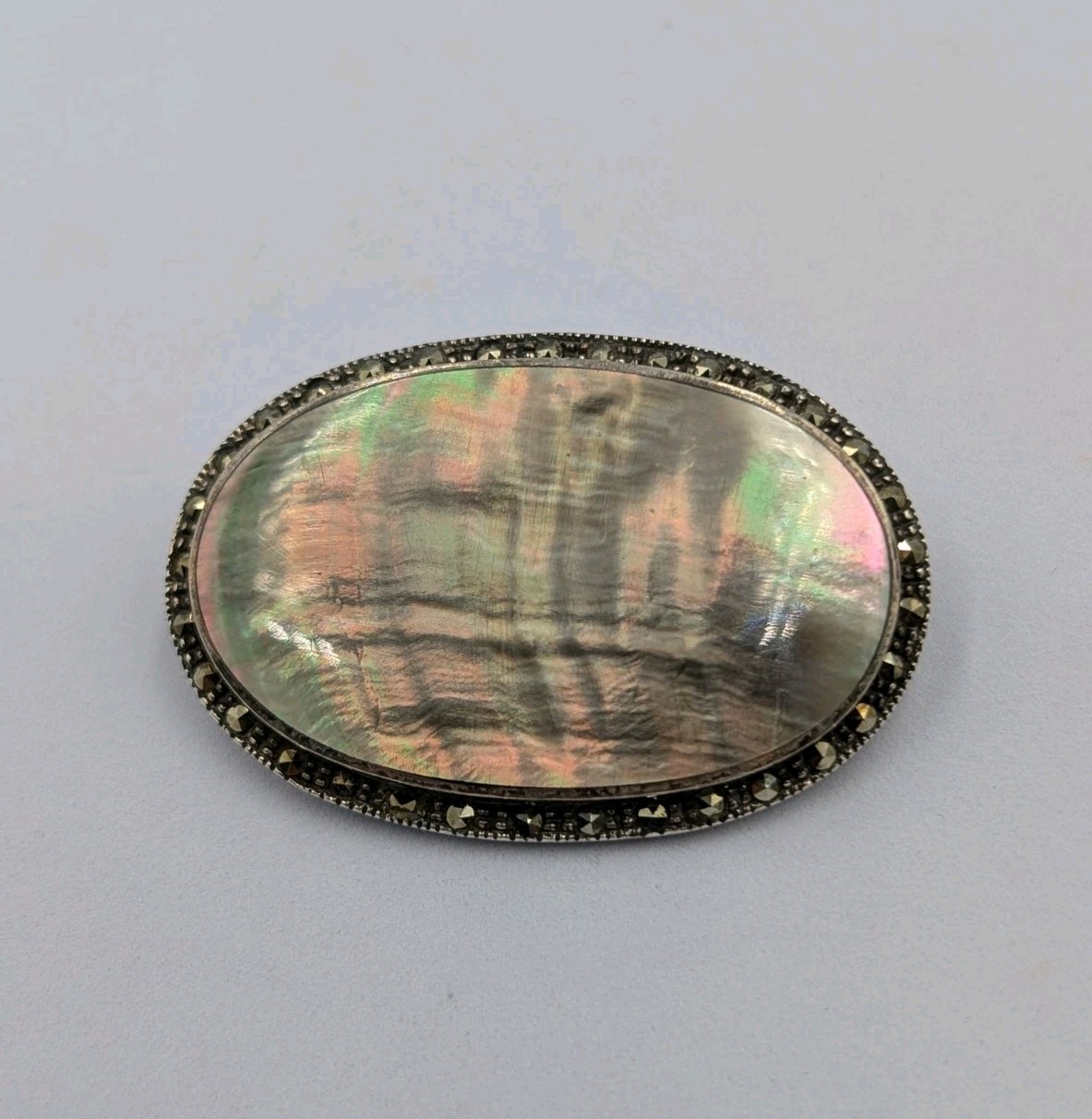 MYG Vintage Sterling Silver Oval Abalone Shell & Marcasite Stone 925 Pin Brooch