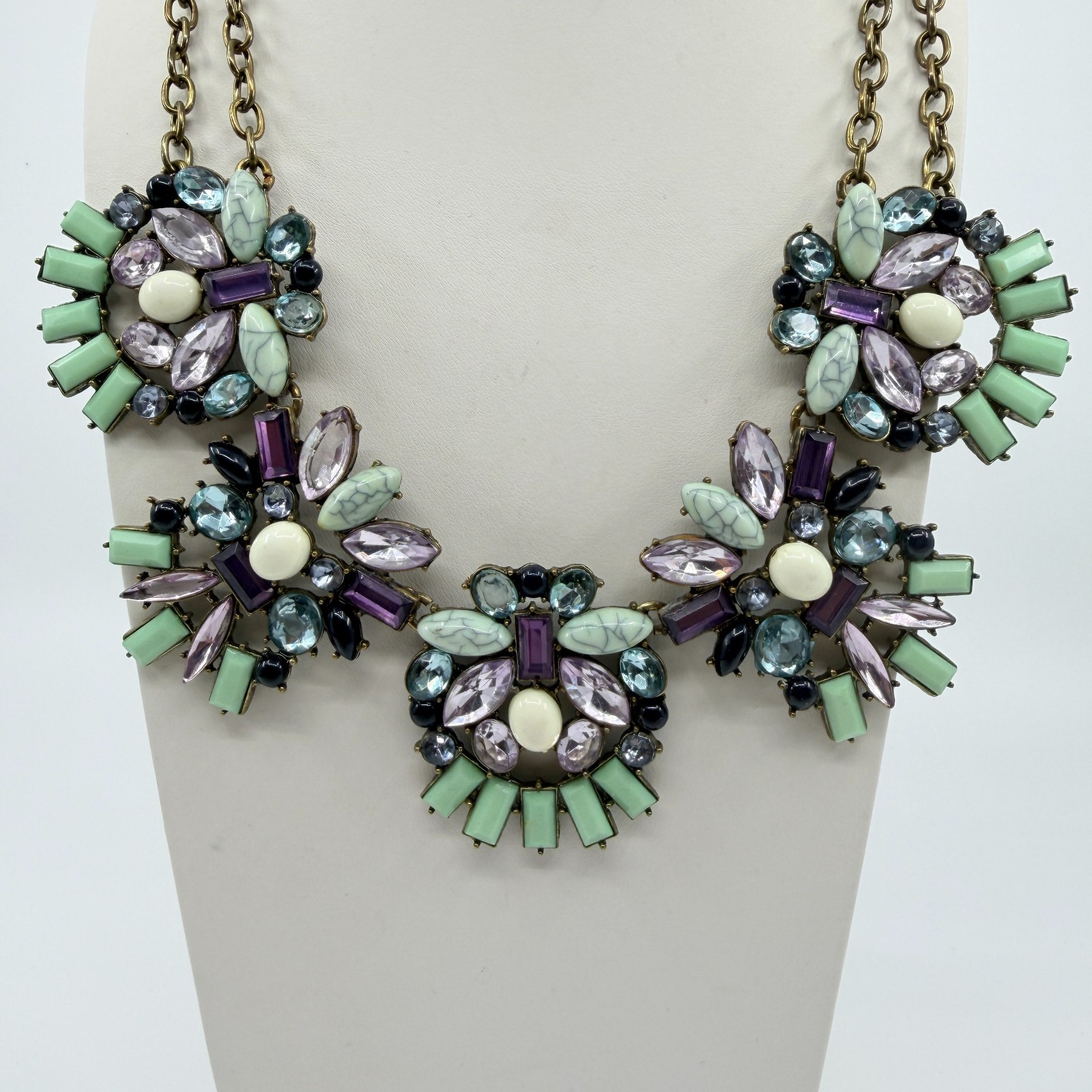 Vintage Brass Tone Rhinestone Mosaic Statement Necklace Cluster Chunky Bib Retro