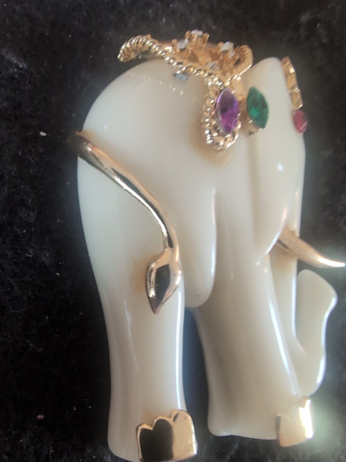 Vintage White Elephant Brooch , Gold Tones, Purple & Green, & Red Rhinestones