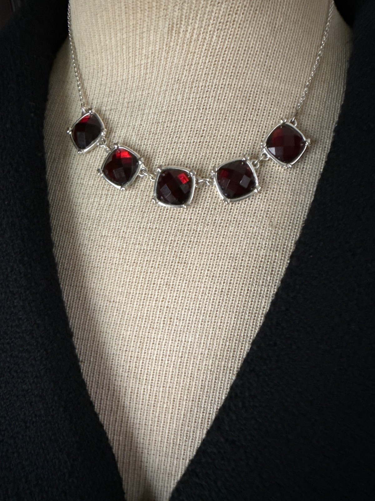 Vintage? Red Gemstone Silver Necklace With Square Faceted Stones