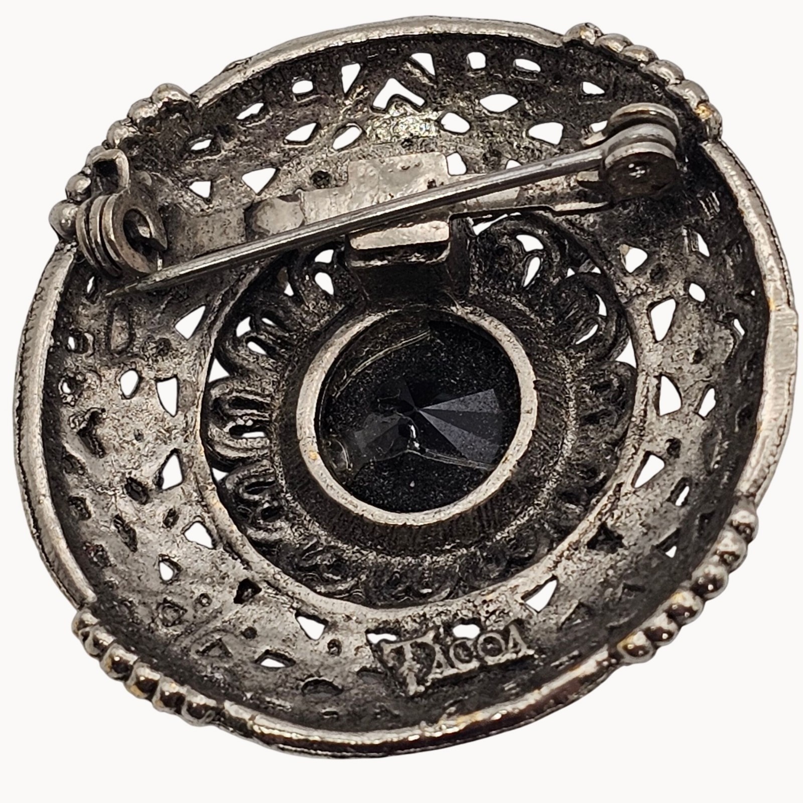 Vtg Tacoa Black Rivoli Filigree Brooch Silver Tone Victorian Revival Gothic Pin