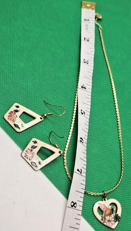 Vintage Cloinesse Hummingbird & Floral Enamel Jewelry Set heart pendant earrings