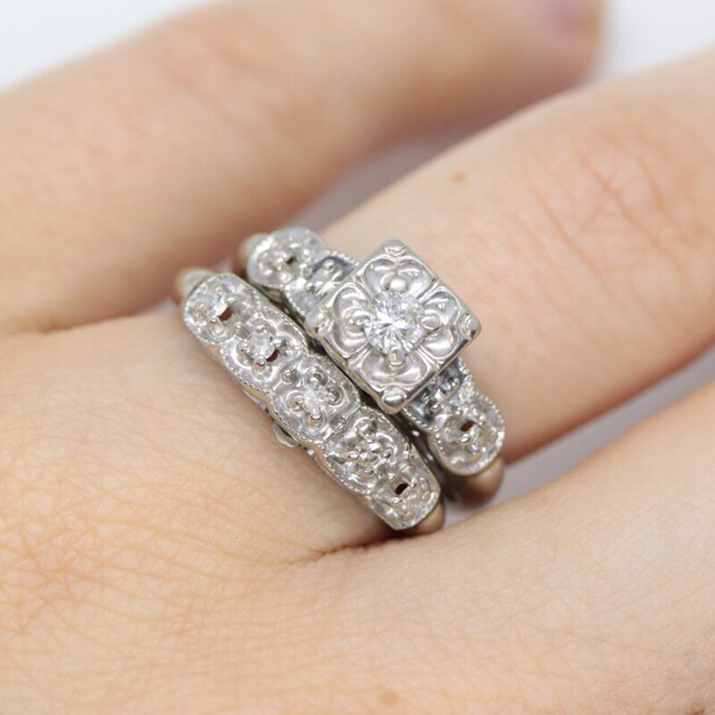 2 CTW White Round Simulated Diamond Art Deco Antique Style 925 Silver Ring Set