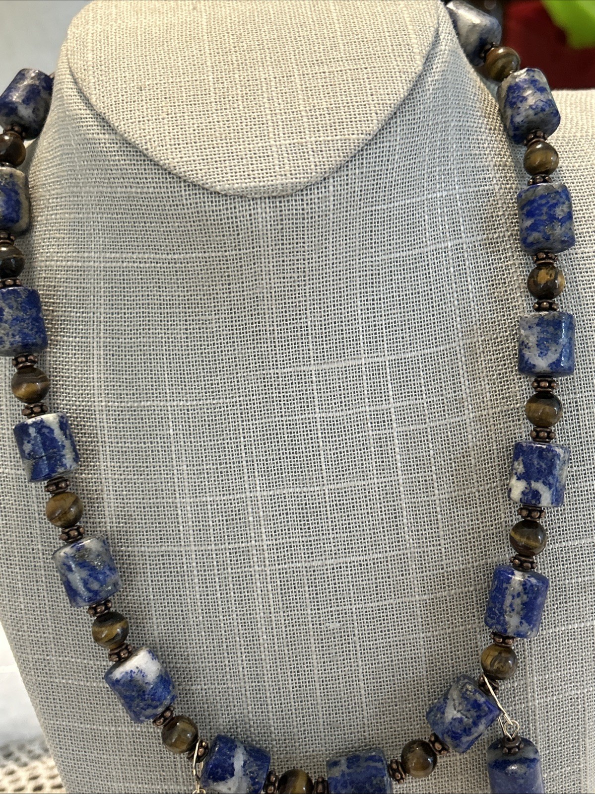 Lapis Lazuli & Tigers Eye Gems Necklace 20” Pierced Earrings 1 3/4” By 1/4”