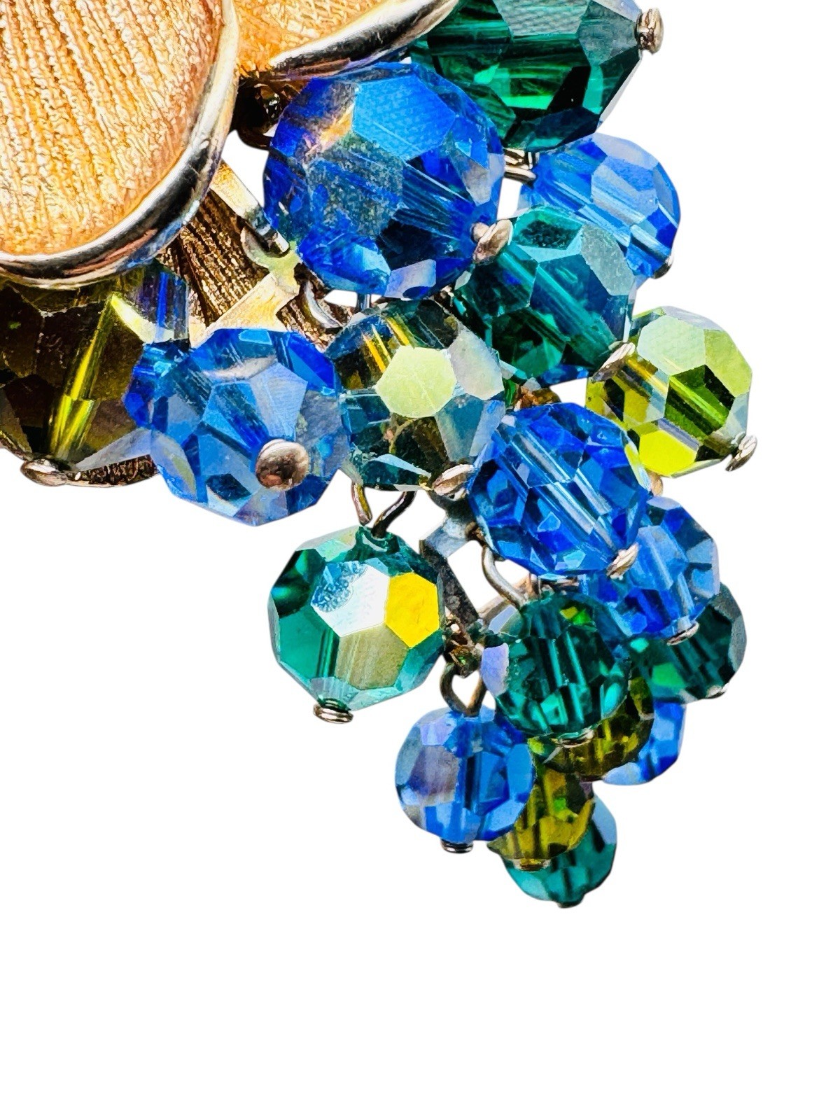 Vintage Schrager Blue Green AB Glass Dangle Bead Necklace Brooch Earrings Set