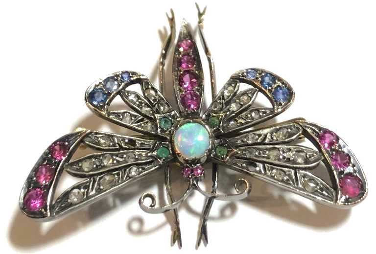 Butterfly Brooch Opal Diamond Rubies Sapphires Emeralds 19th Century