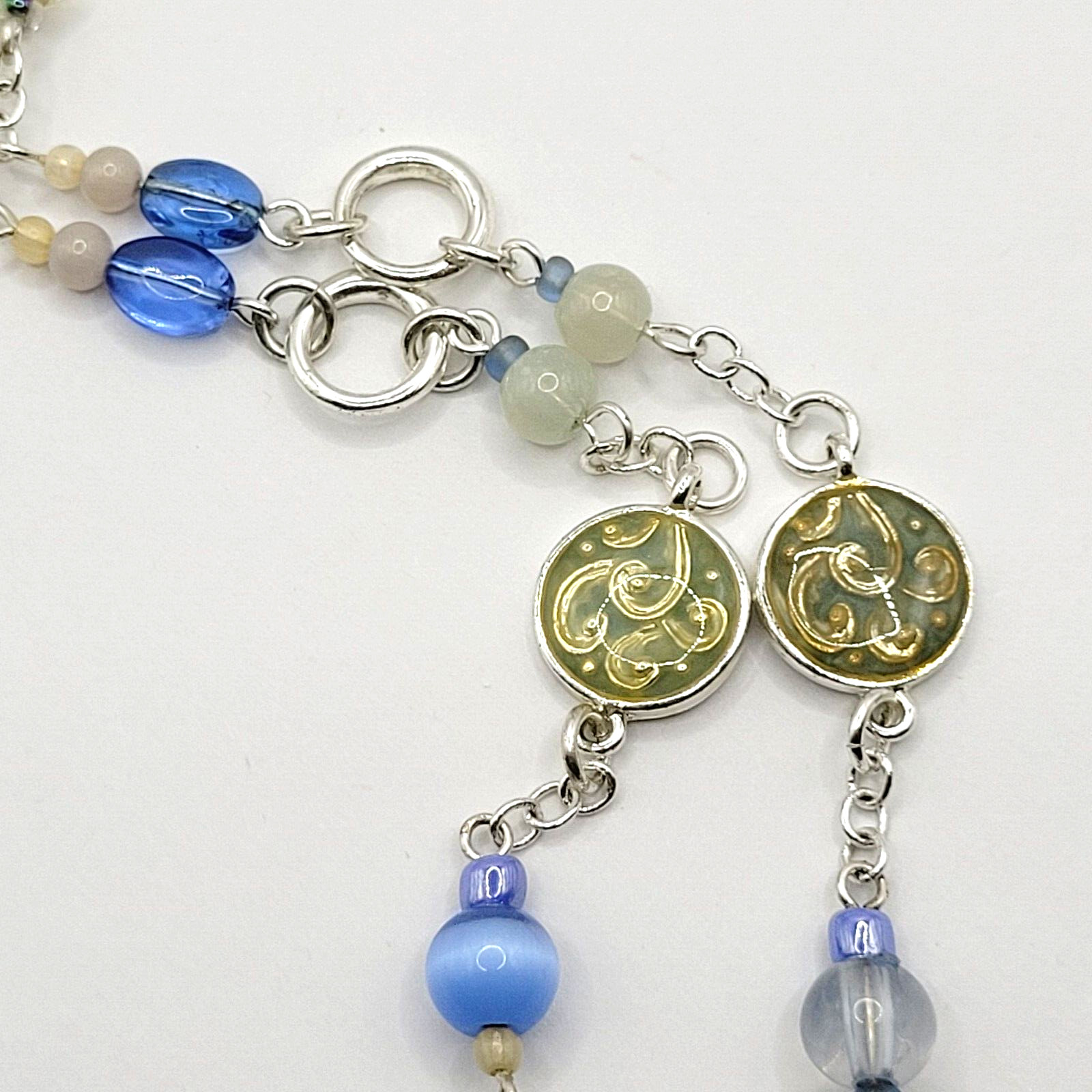 Blue & White Moonstone with Glass & Enamel Silver Tone Chain Necklace KR 24 Inch