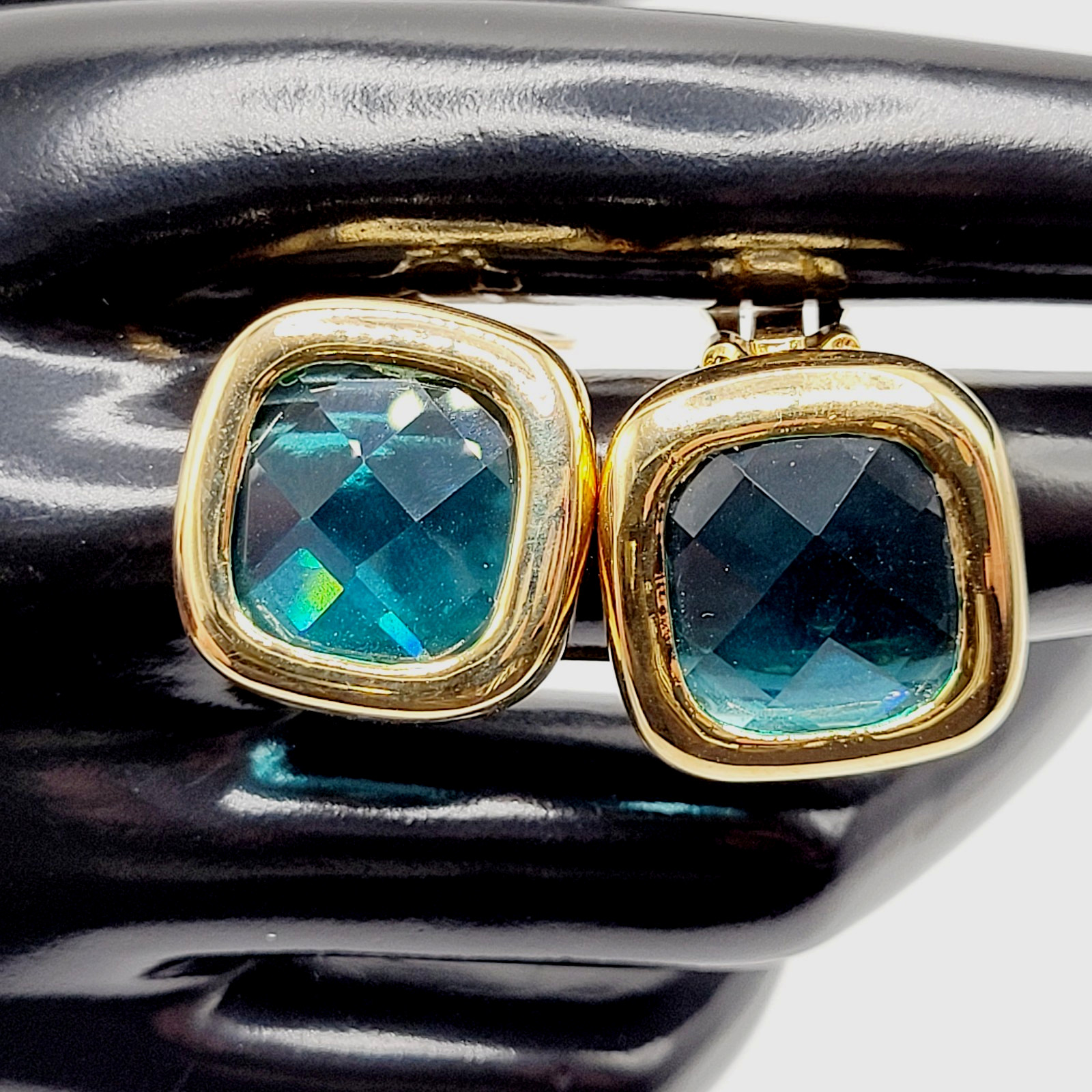 Aqua Light Blue Green Faceted Glass Soft Square Gold Tone Bezel Clip On Earrings