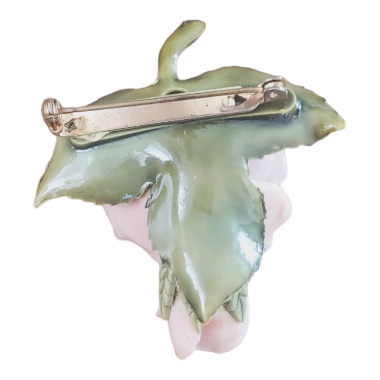 Vintage Celluloid Brooch Rose Painted Muted Pink Rosettes Green Leaves 3D
