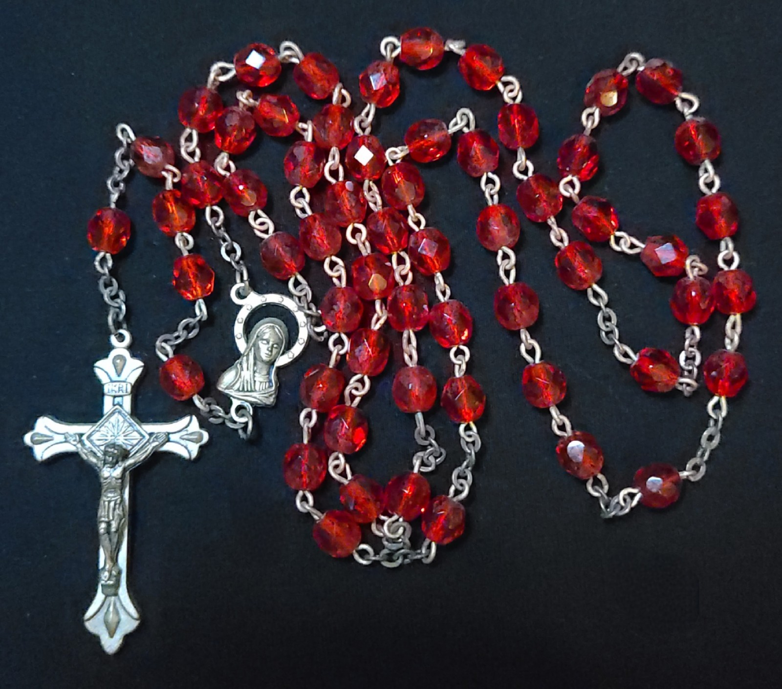 VINTAGE STUNNING RED FACETED GLASS SIGNED ITALY CATHOLIC ROSARY
