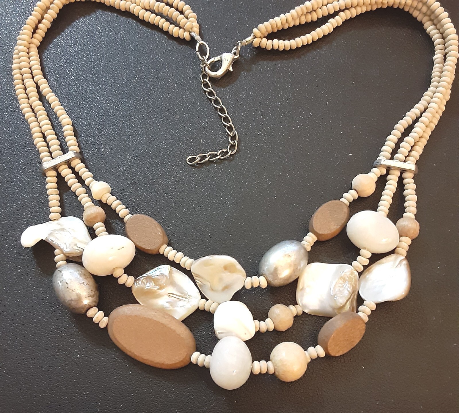 Vintage Shell mop Glass and Wood Bead Necklace Triple Strand