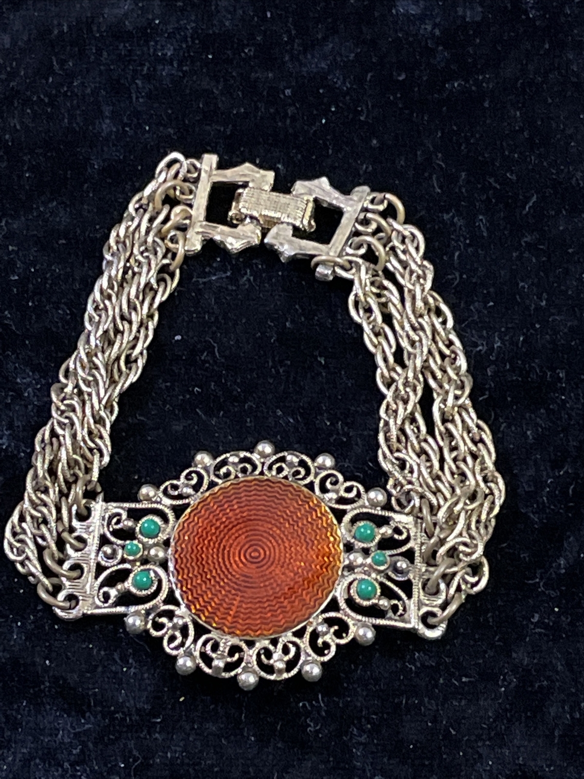 Vintage Orange Enamel & Gold Celtic Knot Chain Bracelet with Small Green Stones