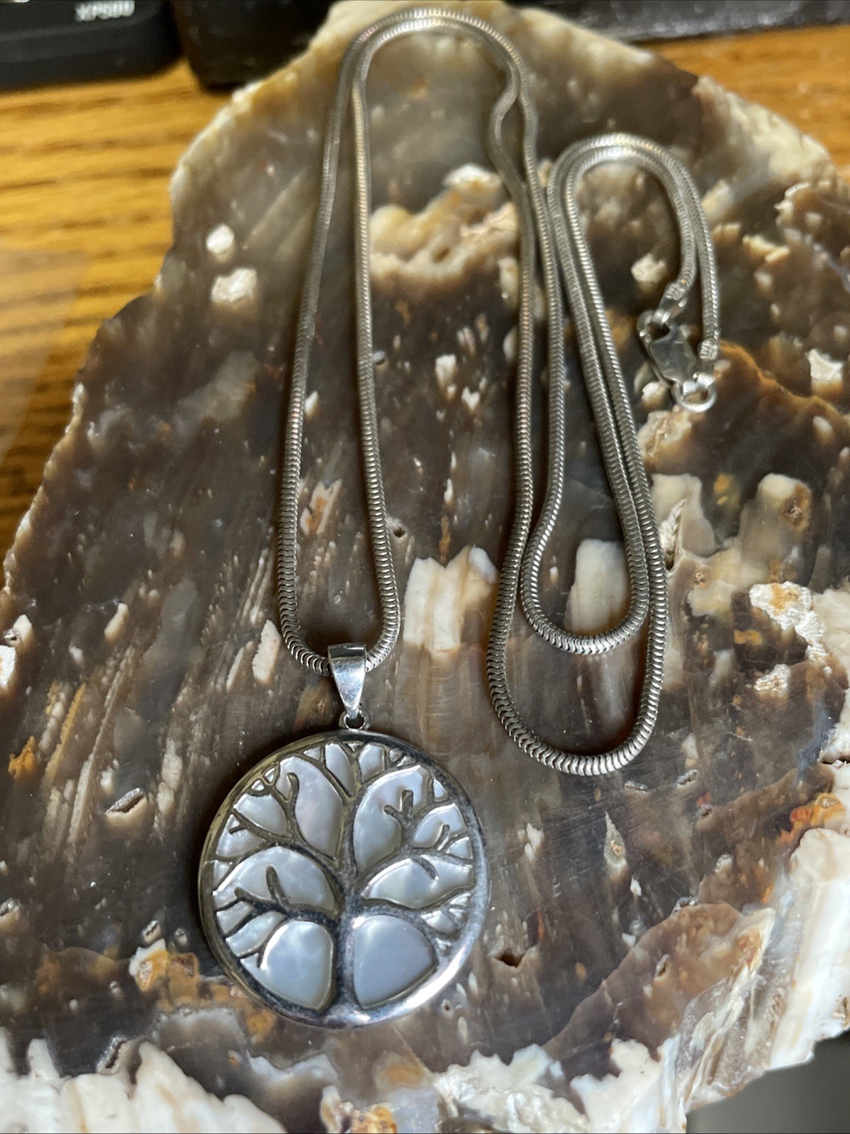 Vintage Sterling Silver And MOP Tree Of Life Pendant Necklace 23”