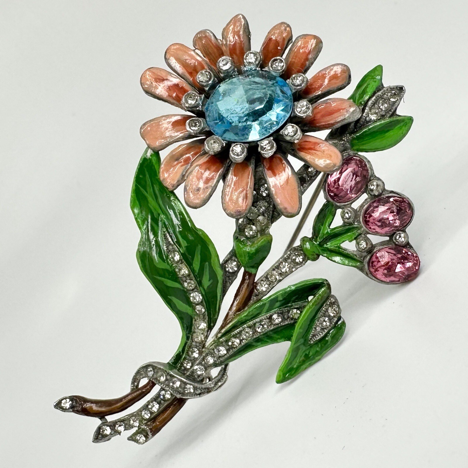 Vintage Art Deco Enamel Flower Brooch Trifari / Coro Style Pot Metal Spray Pin