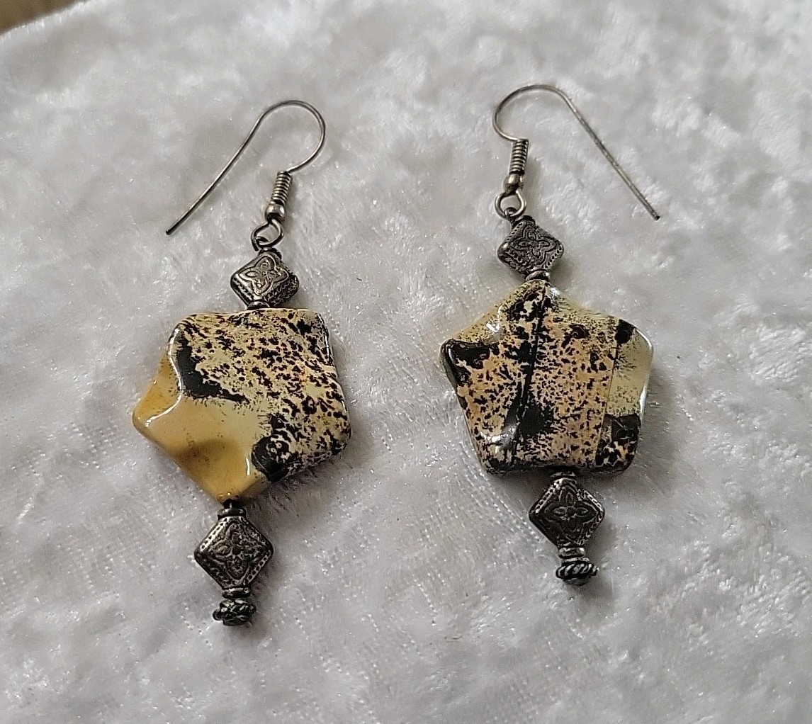 Vtg Silver Jasper Pierced Dangle Hook Earrings