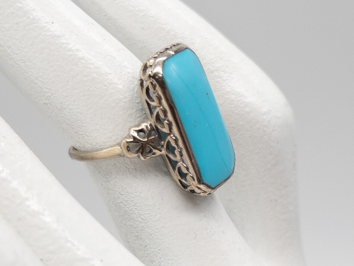 Antique Edwardian 1900s BDA 5ct Natural Turquoise 10k White Gold Filigree Ring