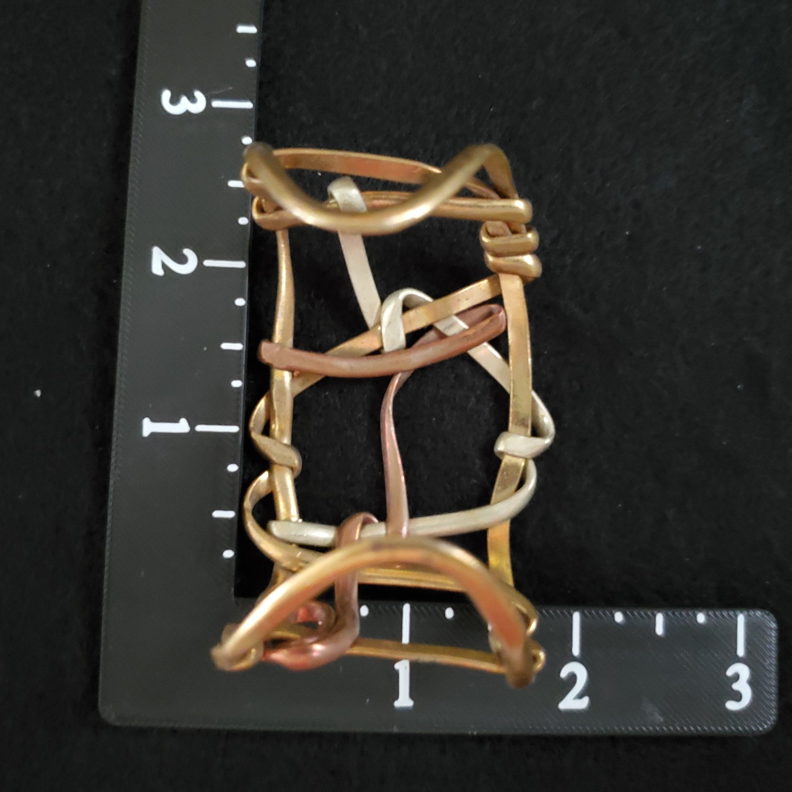 Vintage Artisan Cuff Bracelet Brutalist Mixed Metals Gold Tone Weave 1.75″