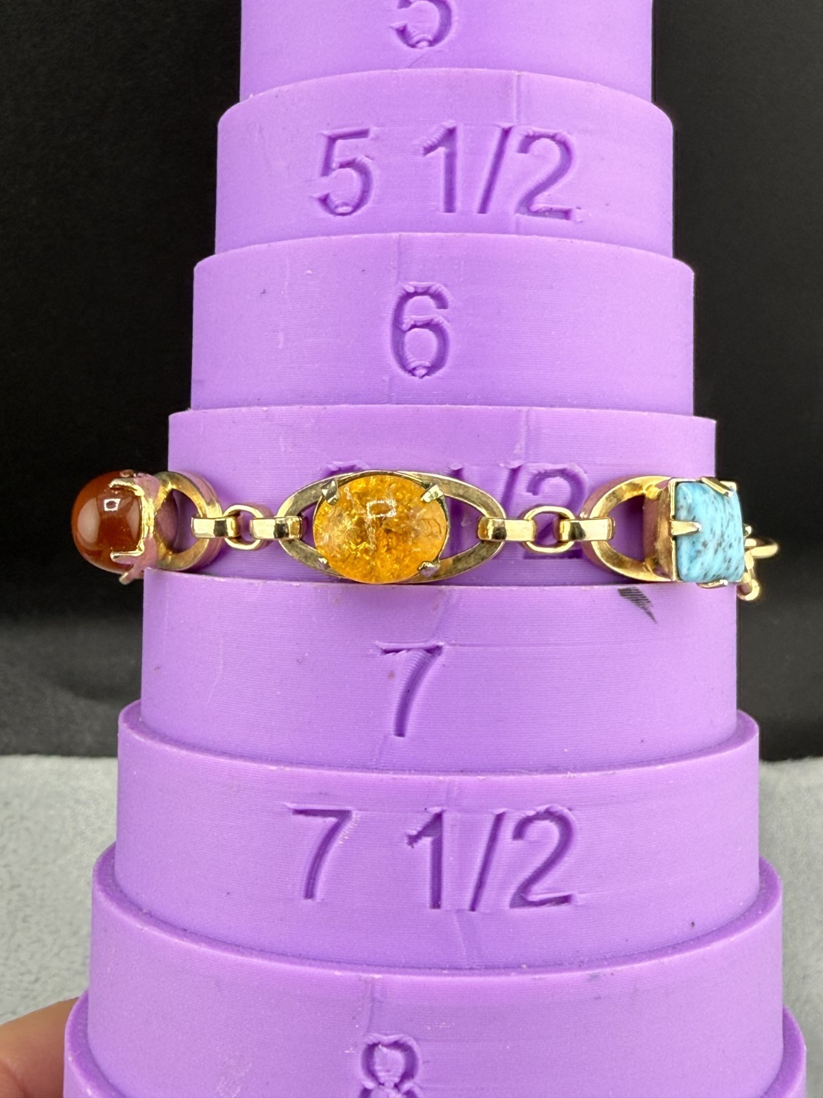 Vintage Tennis Bracelet Blue Pink Green Red Stone Gold Tone 7″