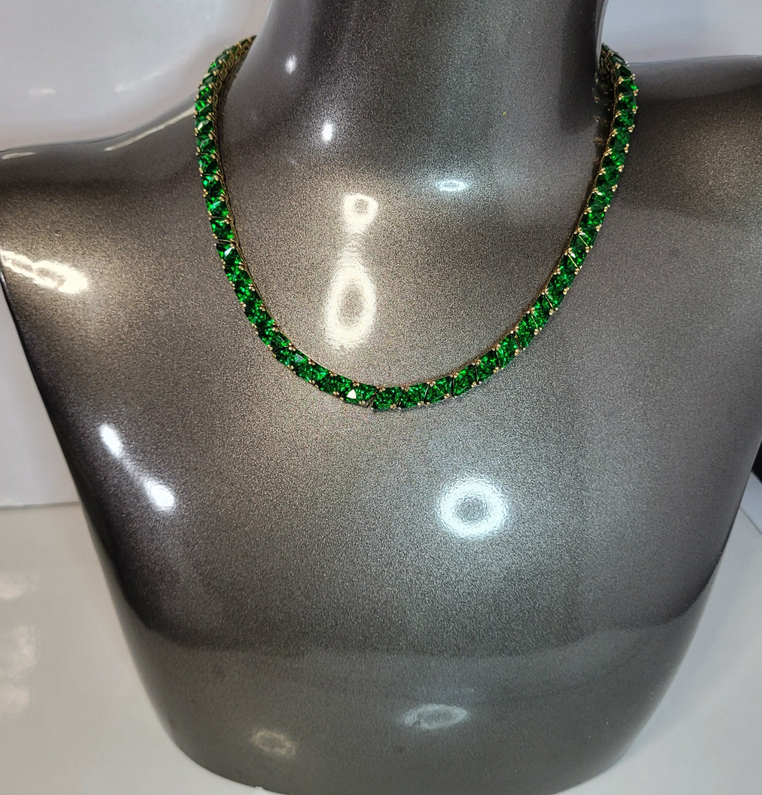 Green Trilliant CZ Sterling Tennis Necklace gold vermeil trillion 50 grams