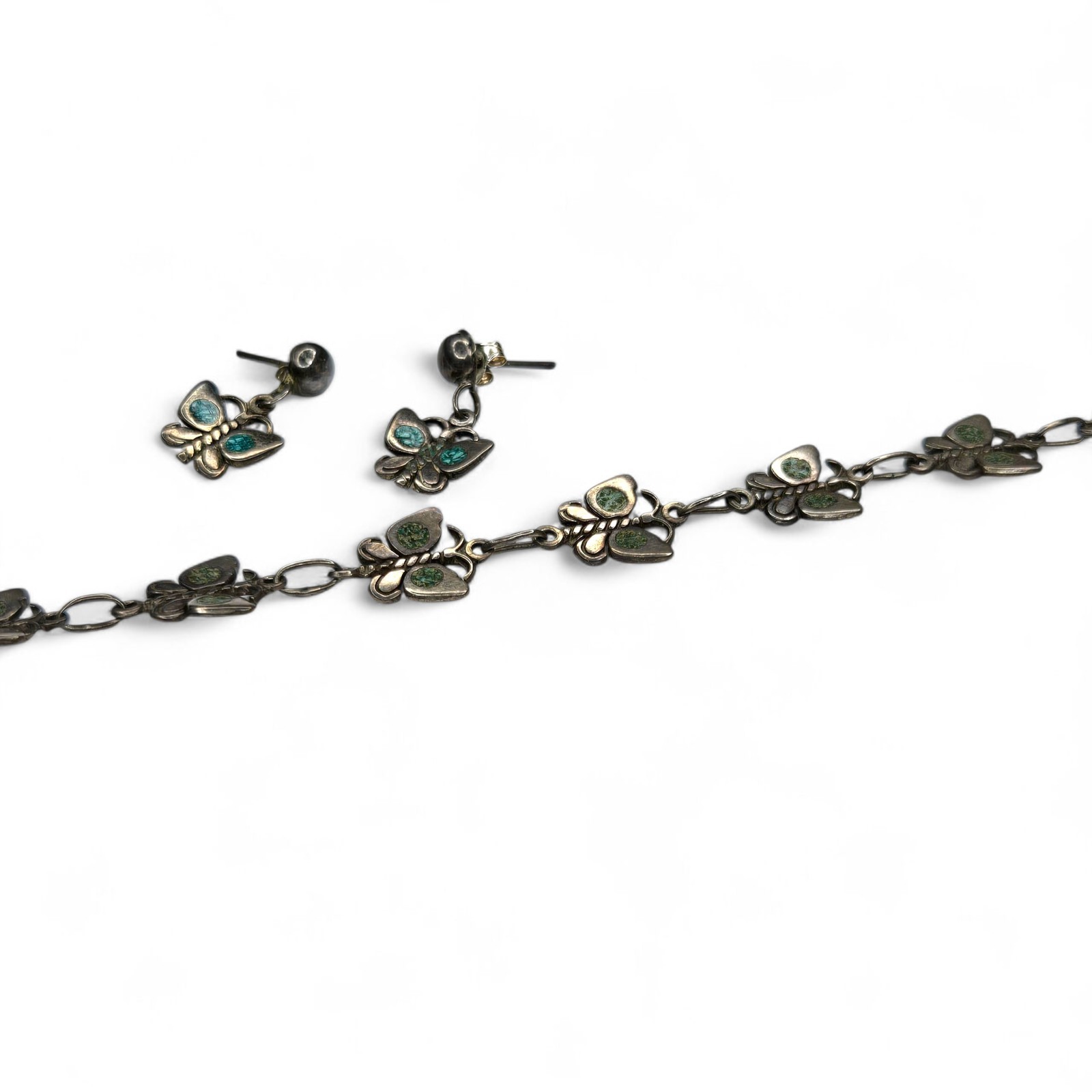 Vintage Mexico Sterling Silver Turquoise Chip Inlay Butterfly Bracelet Earrings