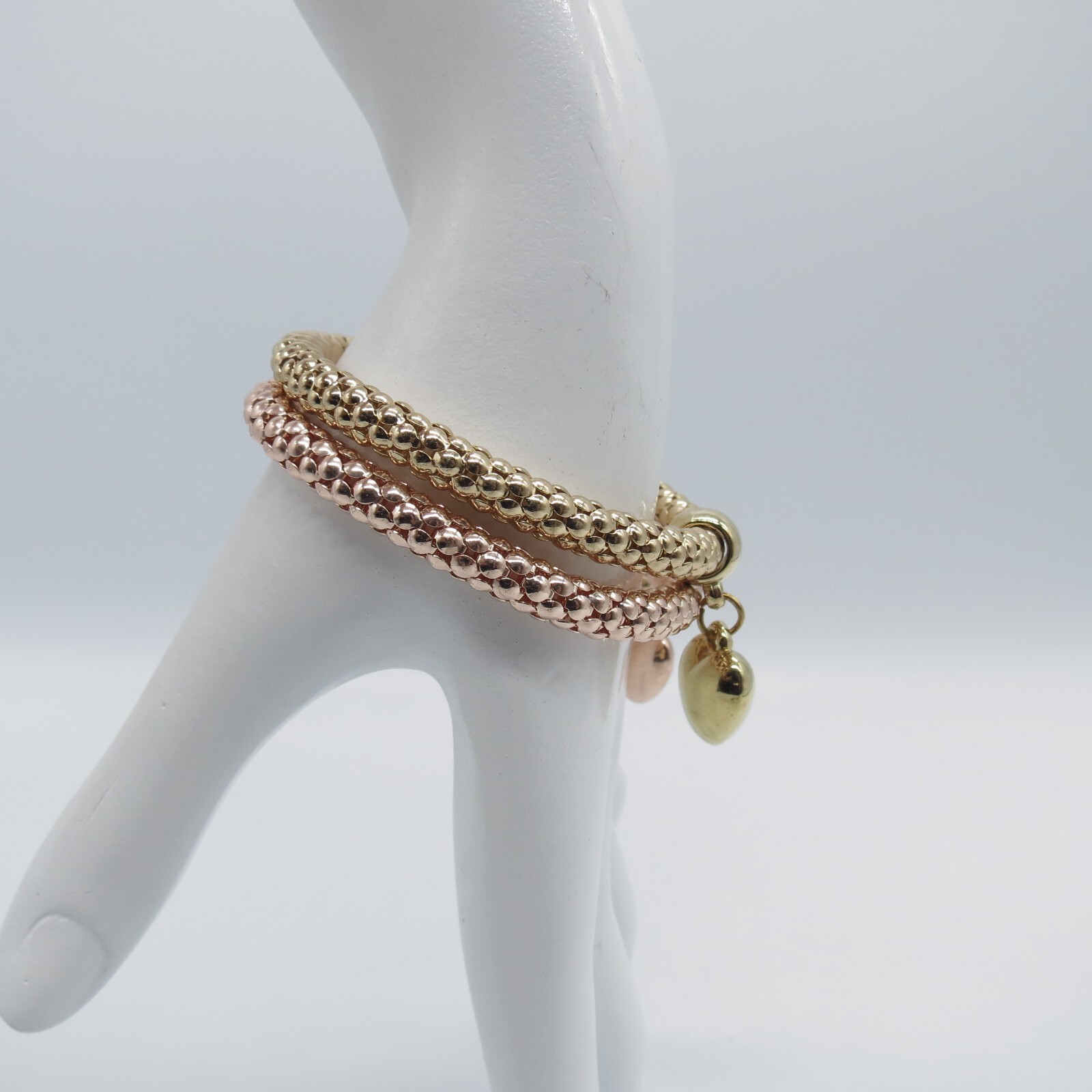 2Pc Puffy Heart Charm Stretch Bracelet Gold Rose Gold Tone Popcorn Chain