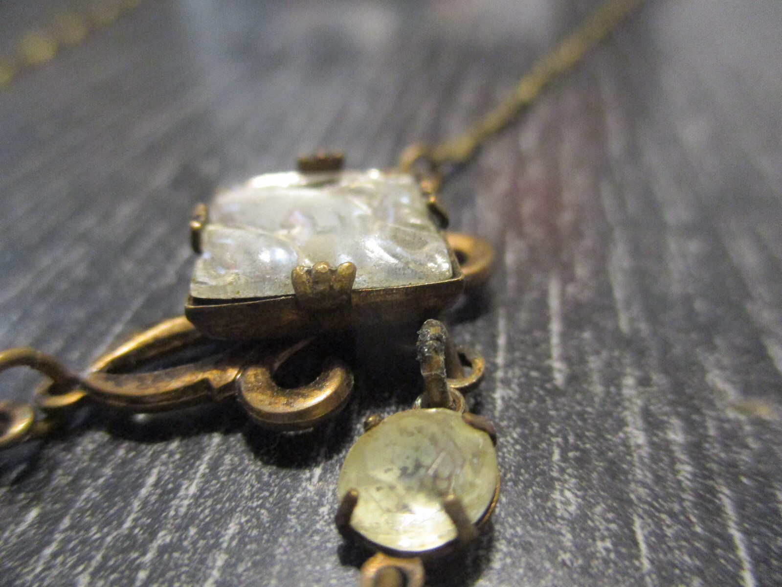 Antique Victorian Edwardian Vintage Dangle Drop Molded Glass Foil Back Necklace