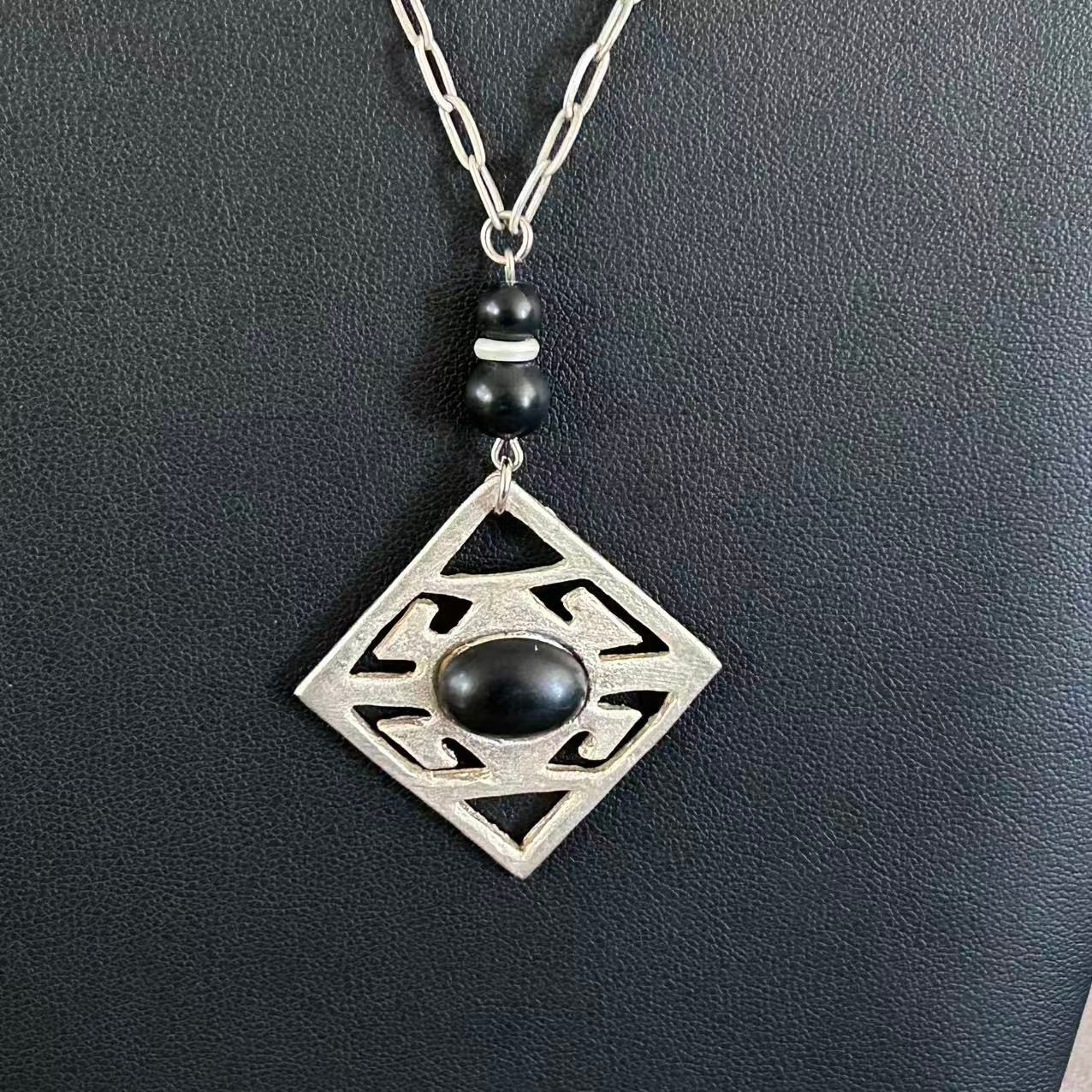 Vintage Modernist Geometric Pendant Necklace Simulated Black Onyx ~36”