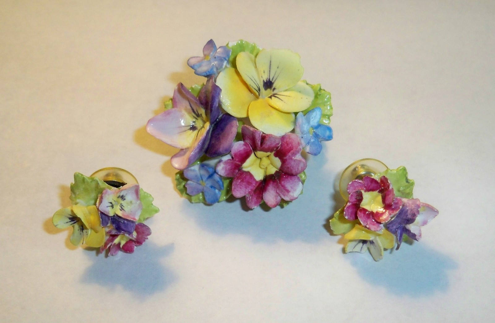 Vintage England Porcelain Flower floral Brooch Pin & Earrings Perfect Condition