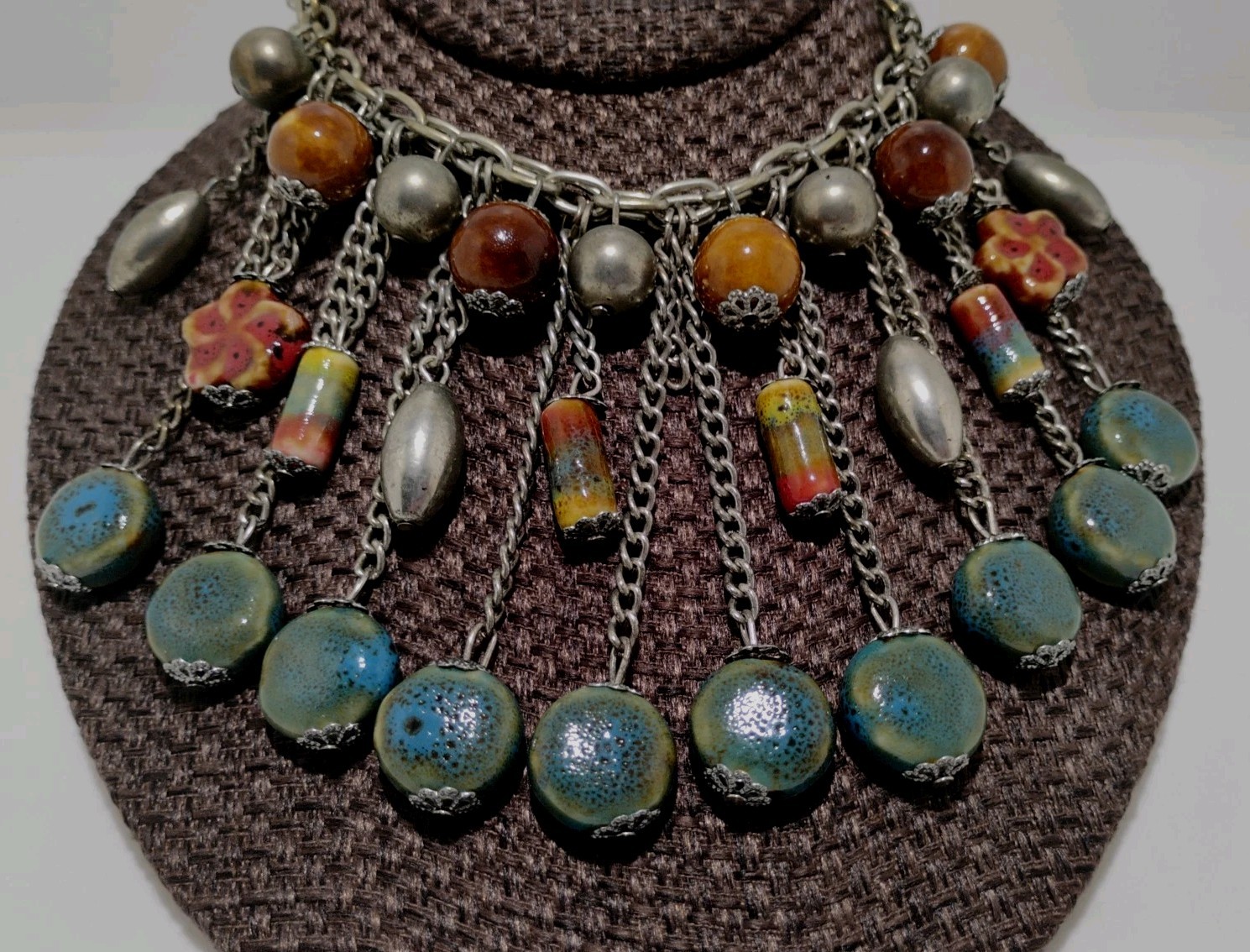Boho Statement Bib Necklace 17″ Multicolor Ceramic Bead Silver Tone Fringe Style