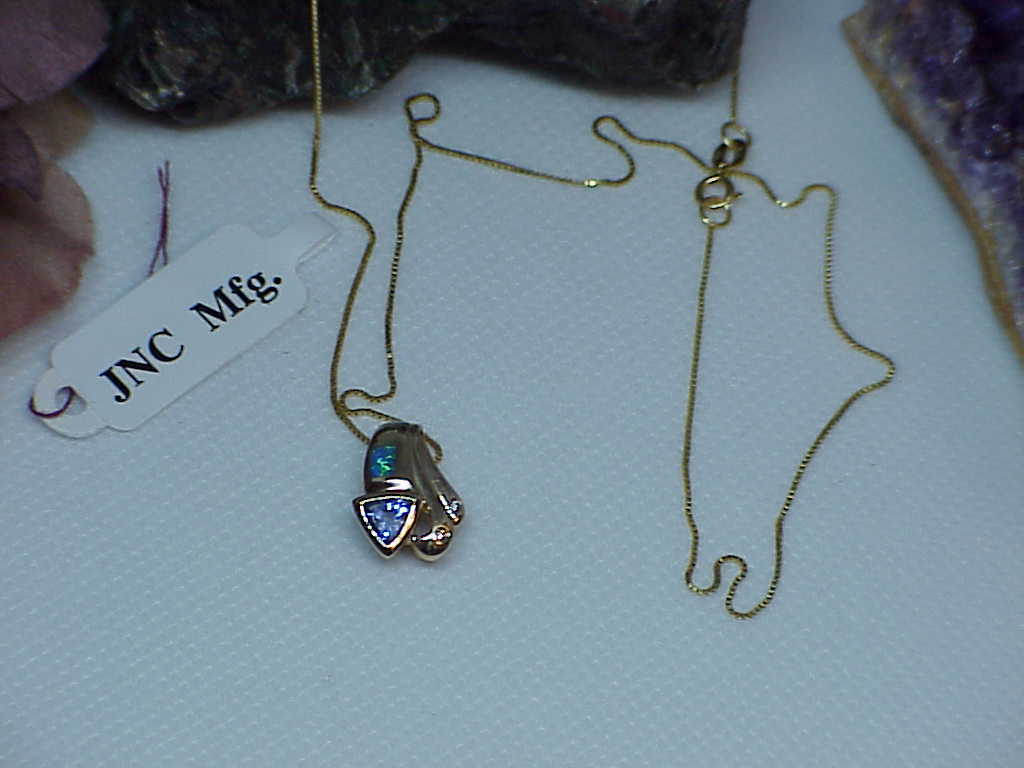 14K Black Opal Trillion Tanzanite 2 Diamond Pendant Necklace Yellow Gold New Tag