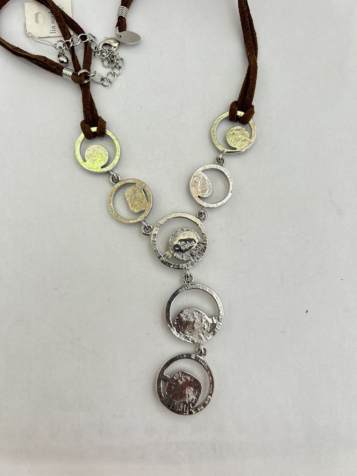 Signed Lia Sophia Necklace w/ Leather Cord Brown Yellow Multifaceted 15in” E14