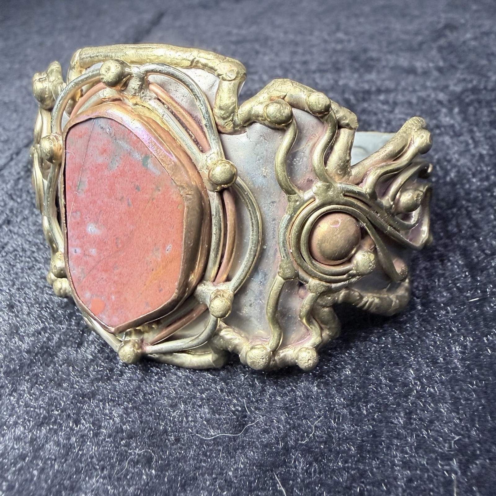 Beautiful Brutalist Mixed Metal Cuff Bracelet Brass & Copper Large Natural Stone