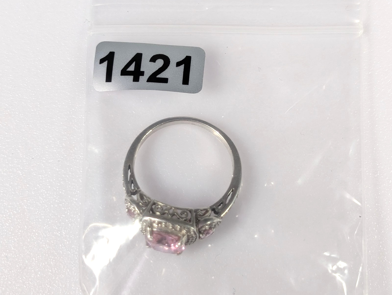 Vtg Sterling Silver 925 Pink CZ Cushion Cut Halo Ring w/ Side Stones H925 Size 7