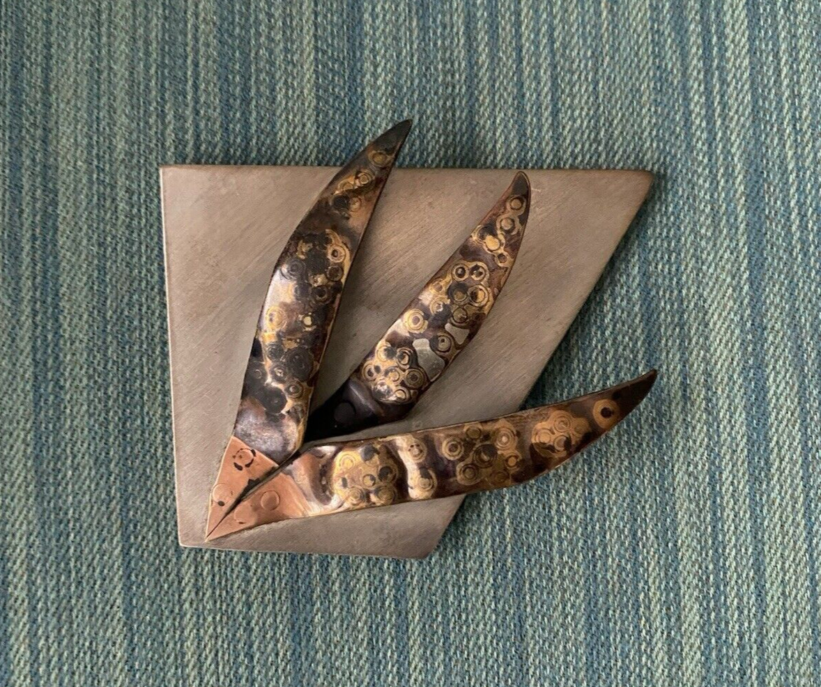 Modernist Geometric Mixed Sterling Silver Plate With Copper Accent Brooch