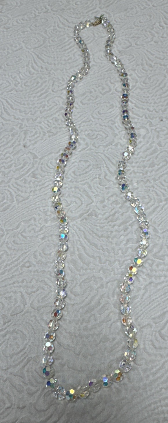 Vintage 1950-60s Czech Faceted Bicone Crystal Aurora Borealis Beaded 36”Necklace
