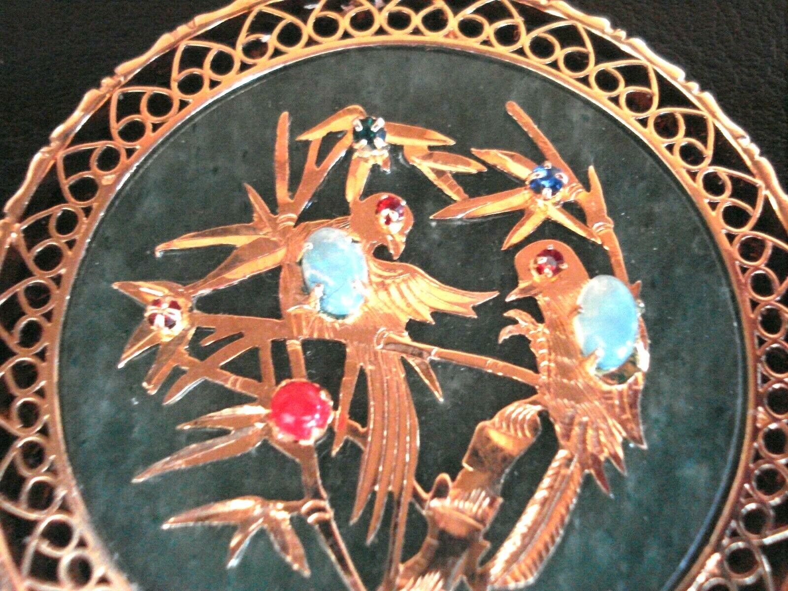 RARE Beautiful Vtg. Chinese Gold-Pl Jade & Gemstone Bird Pendant