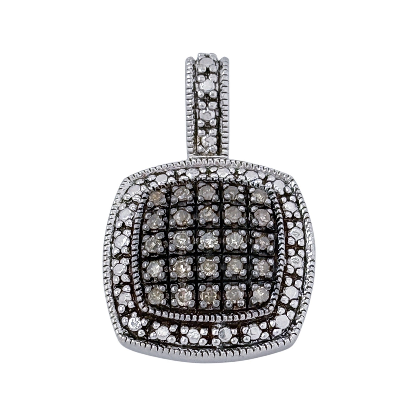 Sterling Silver 925 White Black Diamond Cushion Pendant