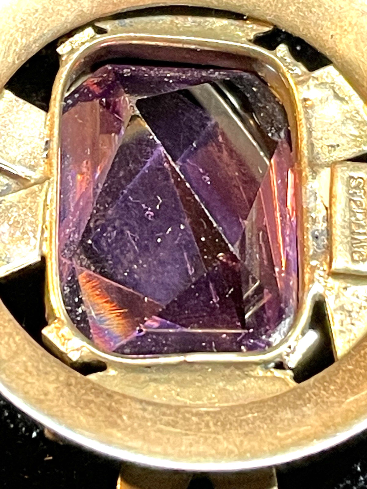 LARGE VINTAGE STERLING SILVER RIBBON BROOCH PURPLE PASTE STONE CIRCA 1940s-50s
