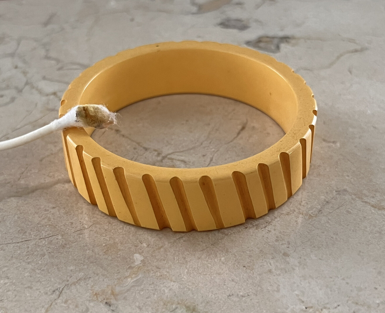 Vintage Carved Light Yellow Bakelite 19mm Wide Bangle Bracelet Tested 7 3/4″