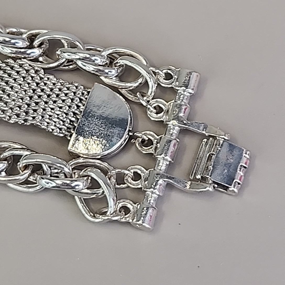 Vintage Mesh Chain Bracelet Silver Tone Layered 6.5″