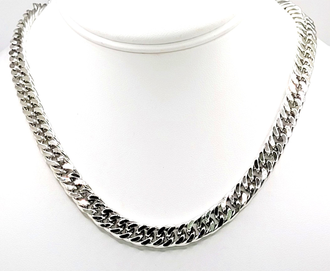 Vintage Rhodium Plated 9mm Curb Chain Choker Necklace 14″- 17.5″ Hook Clasp