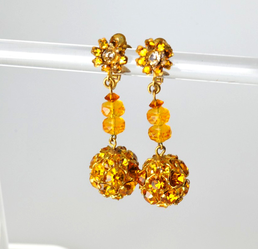 Vtg signed Miriam Haskell rhinestone Gold Tone drop clip earrings amber color