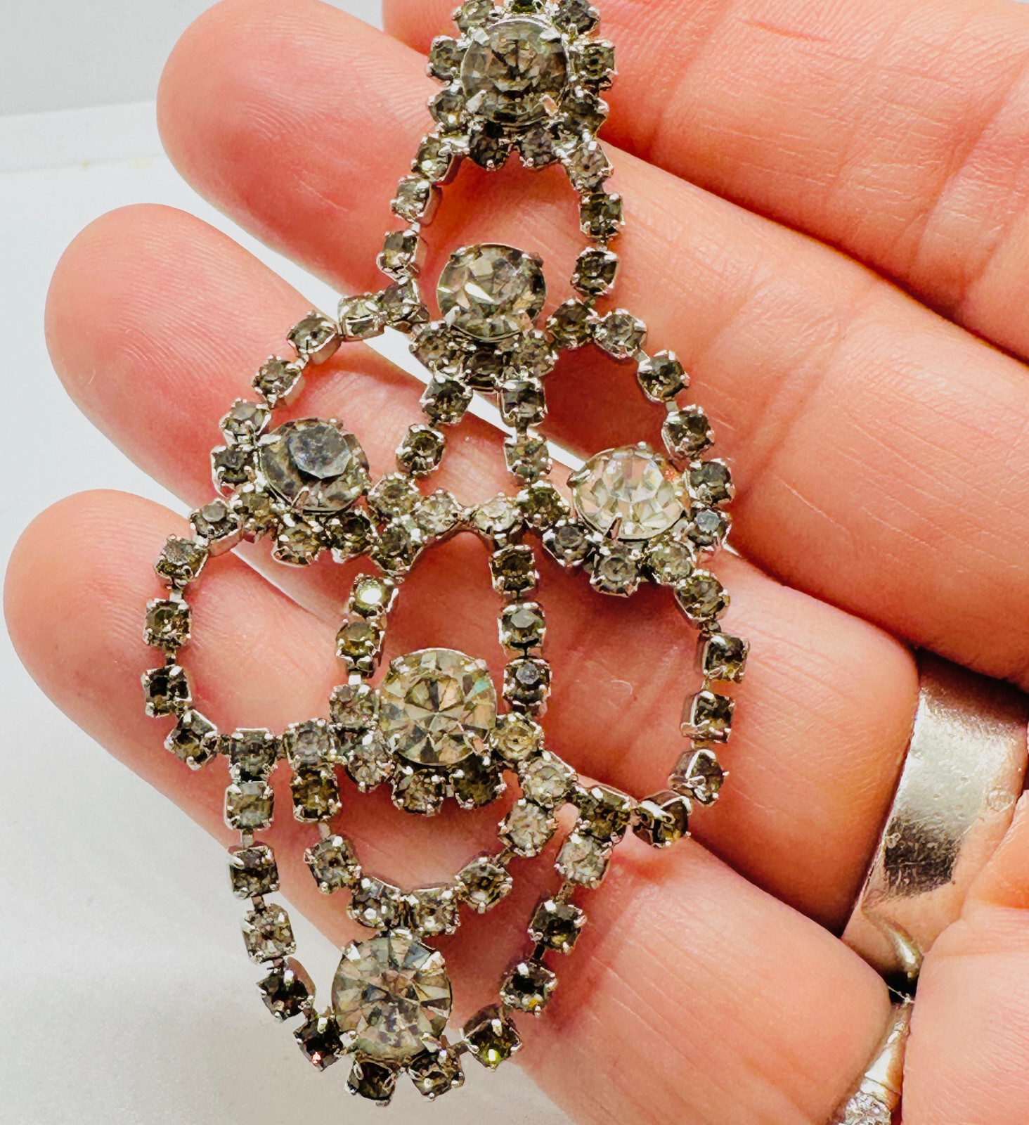 Vintage NOS Smokey Crystal Rhinestone Festoon Necklace & Pierced Earrings Set