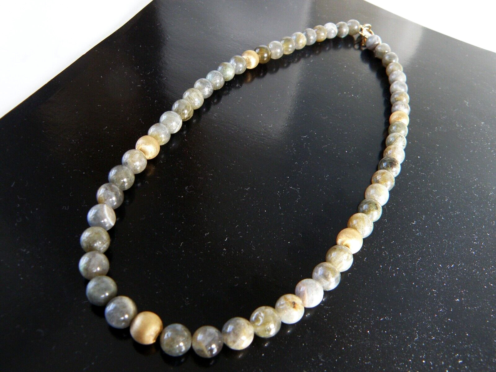 Vintage Sterling Silver 925 Gold on Natural Labradorite Bead Necklace 17.5″