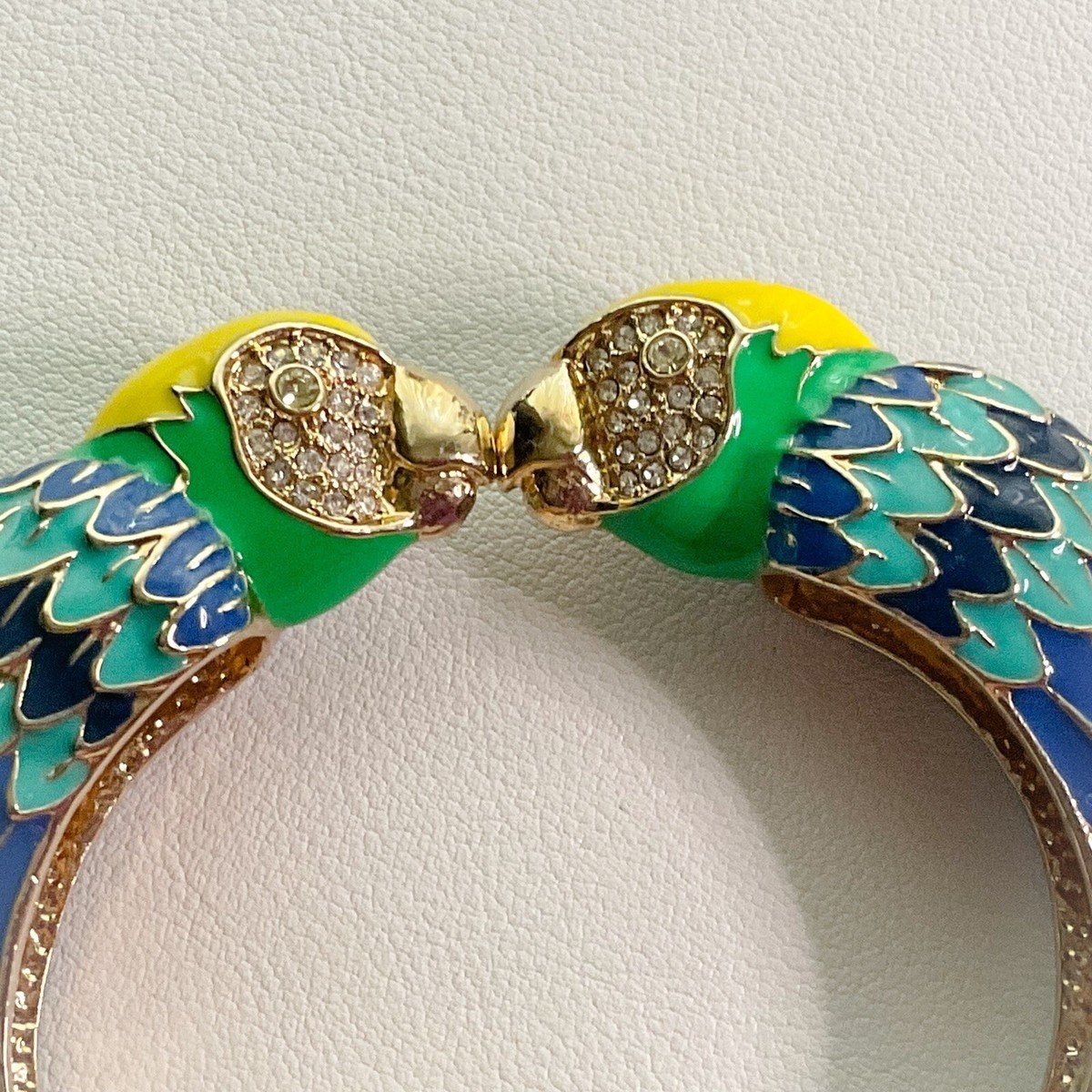 Gold Tone Kissing Parrot Birds Enamel Bracelet Cuff Blue Green Yellow
