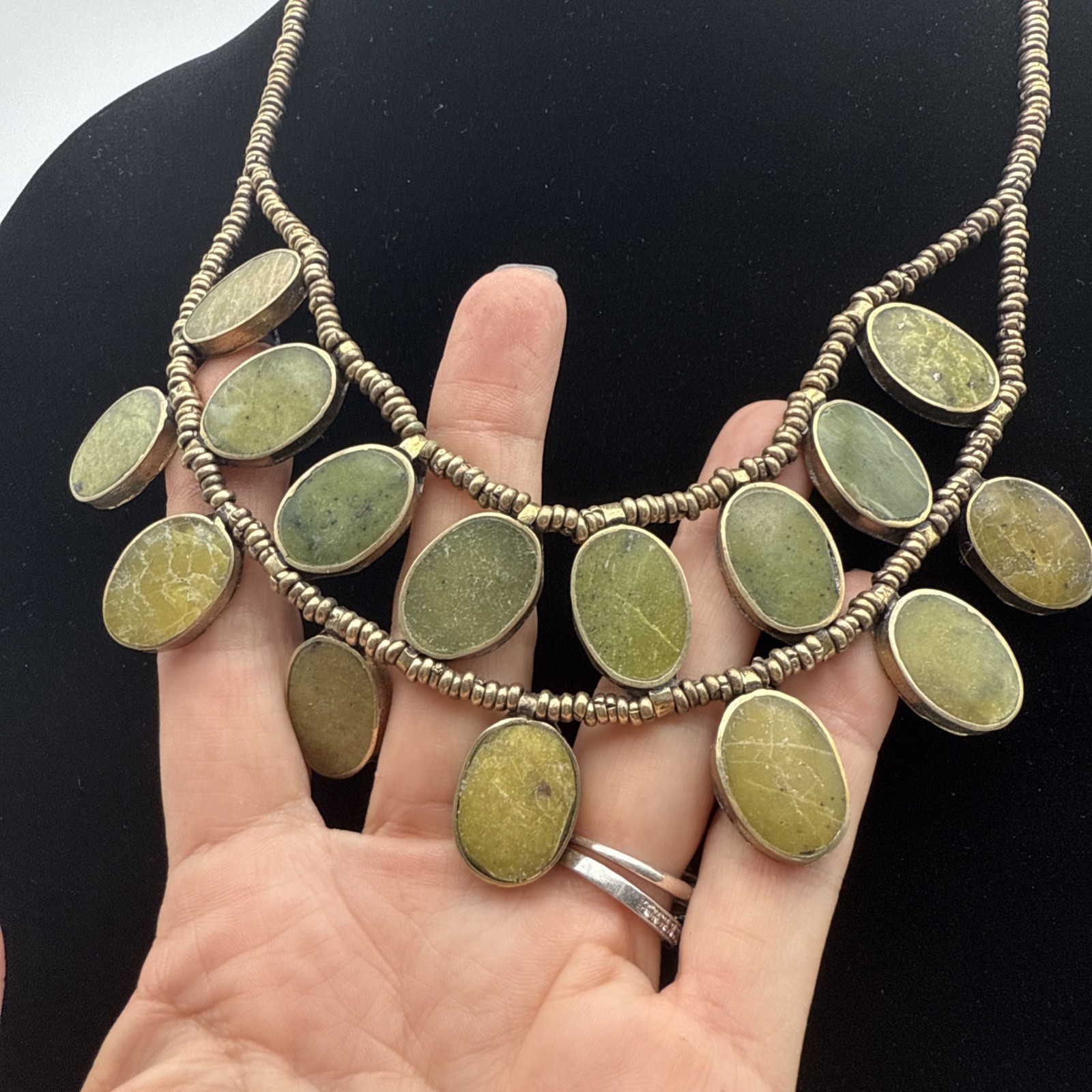 Vintage Goldtone Afghan Beaded Necklace W/ 15 Natural Oval Stone