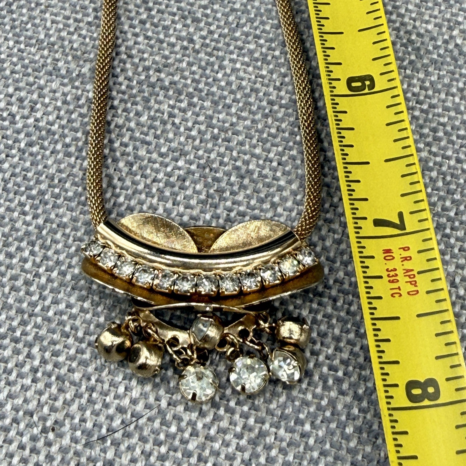 Vintage Necklace and Earring Set Gold Tone Clear Rhinestone Dangles Mesh Chain